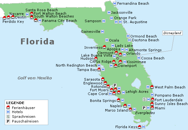 Karte Florida - Ferienwohnungen, Appartments und Ferienhäuser in ganz Florida